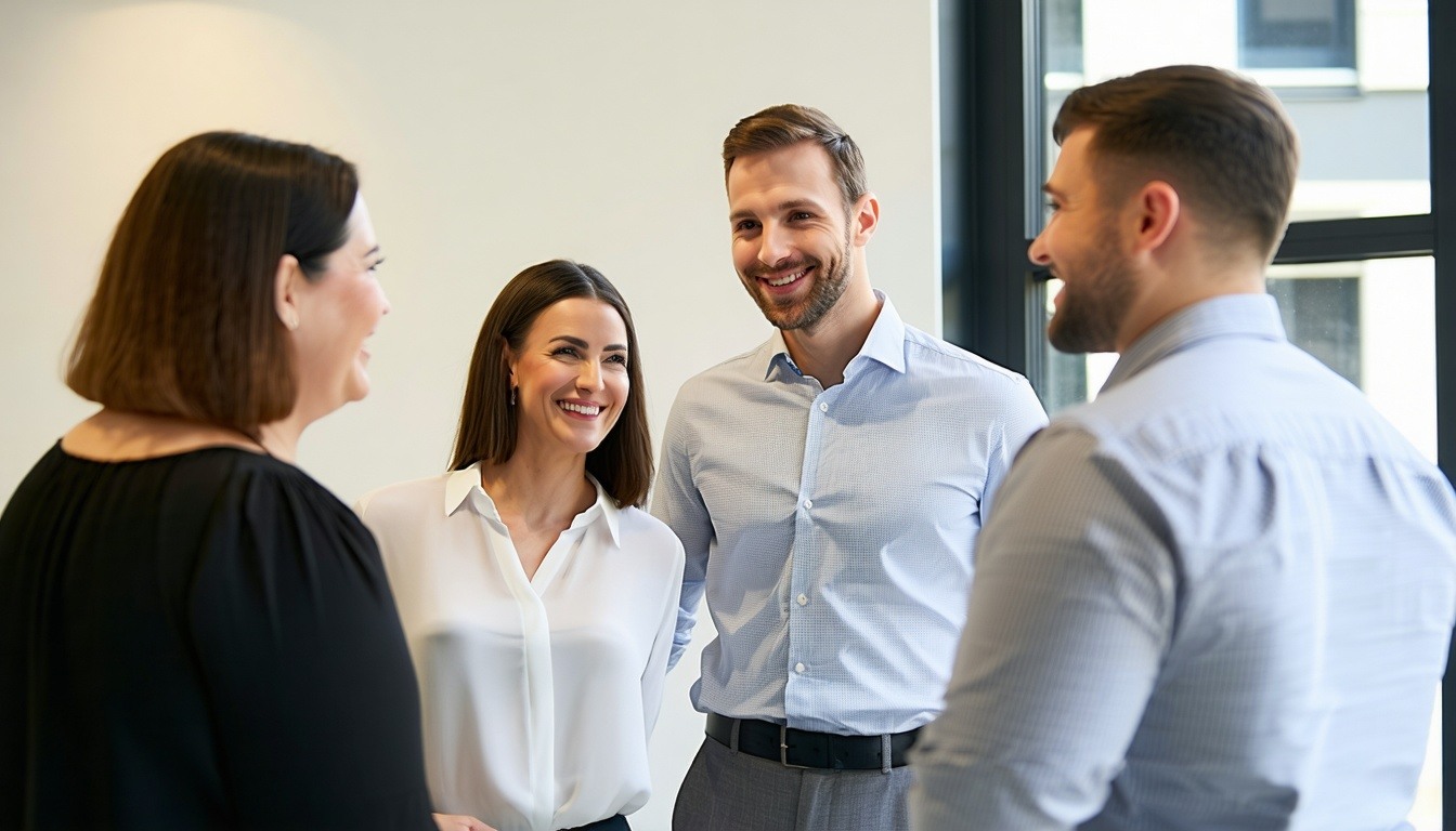 A manager dressed in business casual attire meets with a group of three clients who are also dressed in semiformal business casual clothes They appear to be having a jovial conversation not too exaggerated and getting along nicely They seem to be col-2